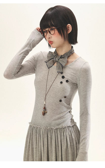 "Spring Memoir" TENCEL™ Wool Pleated Knit Midi Dress (Oat Gray/ Butter Cream)