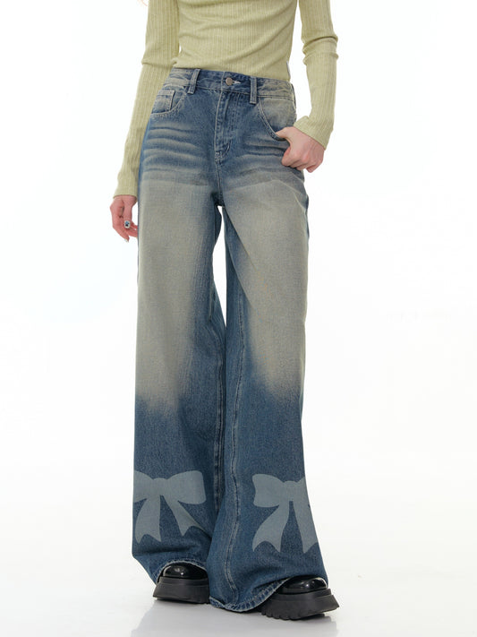 ZiziFei - Bow Embroidered High-Waisted Denim Jeans