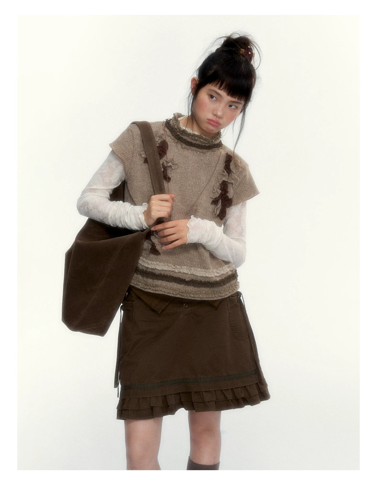 “Wild Caramel” Brown Washed Layered Ruffle Bow Pocket A-Line Skirt