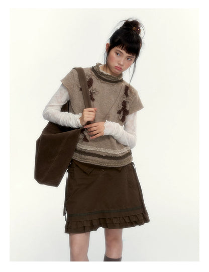 “Wild Caramel” Brown Washed Layered Ruffle Bow Pocket A-Line Skirt