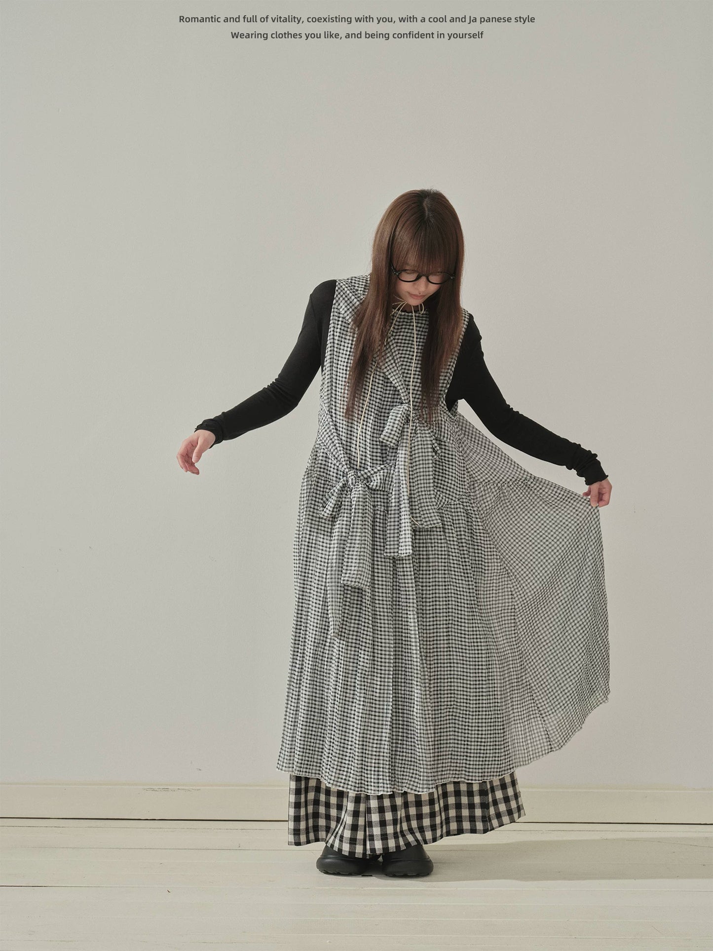 "Heritage Ribbon" Black & White Plaid Plaid Bow Maxi Dress