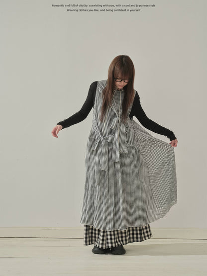 "Heritage Ribbon" Black & White Plaid Plaid Bow Maxi Dress