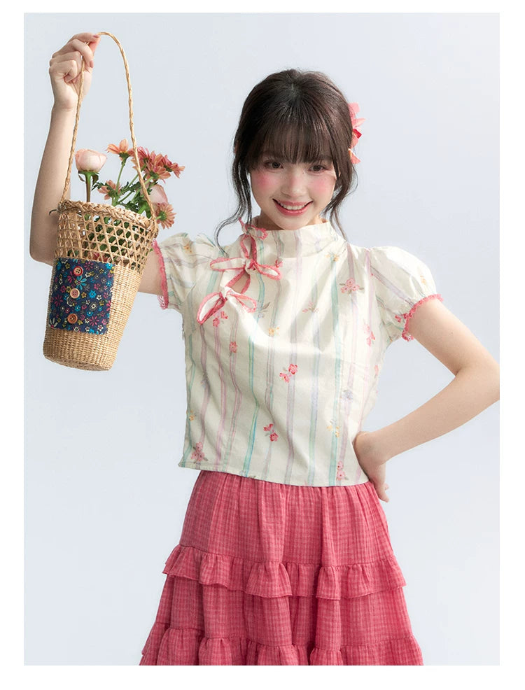"Peach Blossom" Beige Floral Print Mandarin Collar Blouse
