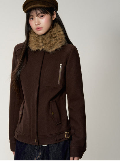Soote Season - "Deep Roast" Twill Wool Fur-Collar Cinched Jacket