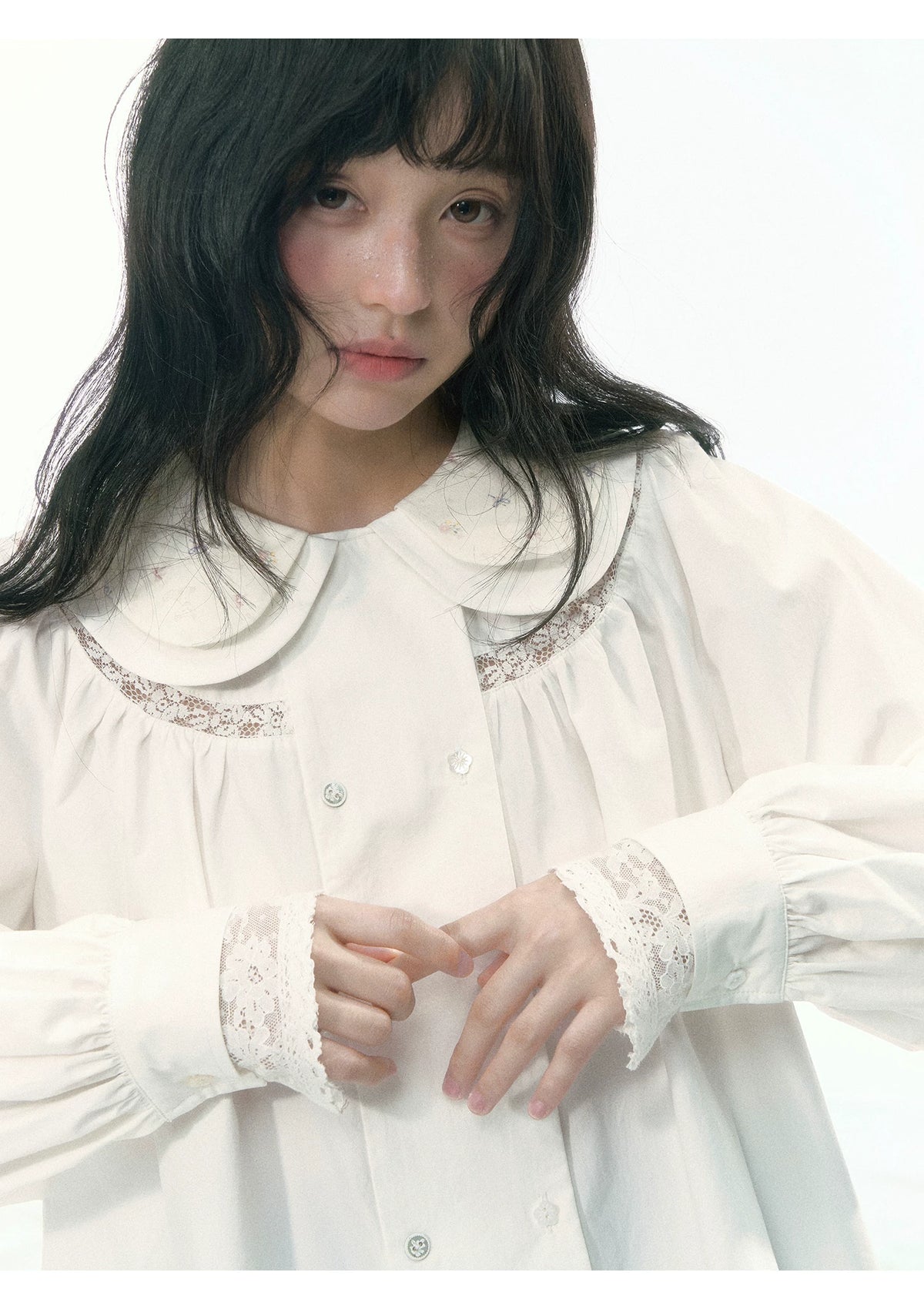 JOVYLLE - White Double-Layer Peter Pan Collar Statement Shirt