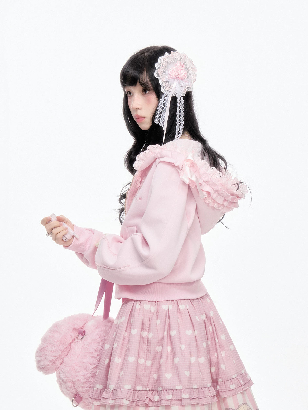 “Ribbon Daydream” Pink Cropped Zip-Up Hoodie