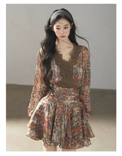 AOMALM - “Whispers of Withered Branches” Rich Cocoa French Lace Chiffon Mini Dress with Tights