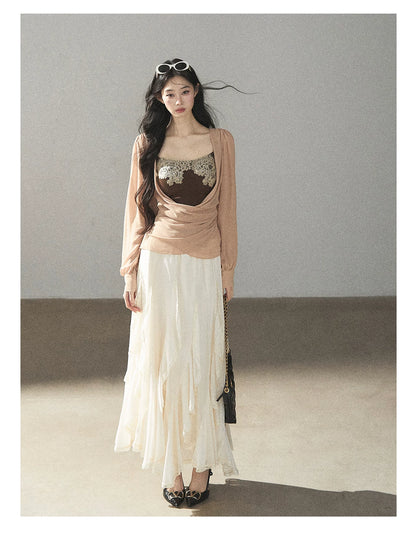 AOMALM - Cloud-Shaped French Lace Ruffle Midi Skirt – Elegant Autumn Maxi