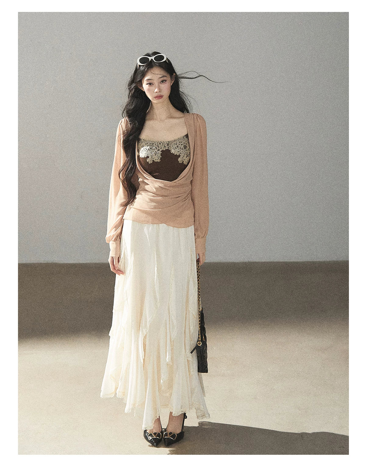 AOMALM - Cinnamon Blush Ruched Wrap Chiffon Top with Lace Cami Set