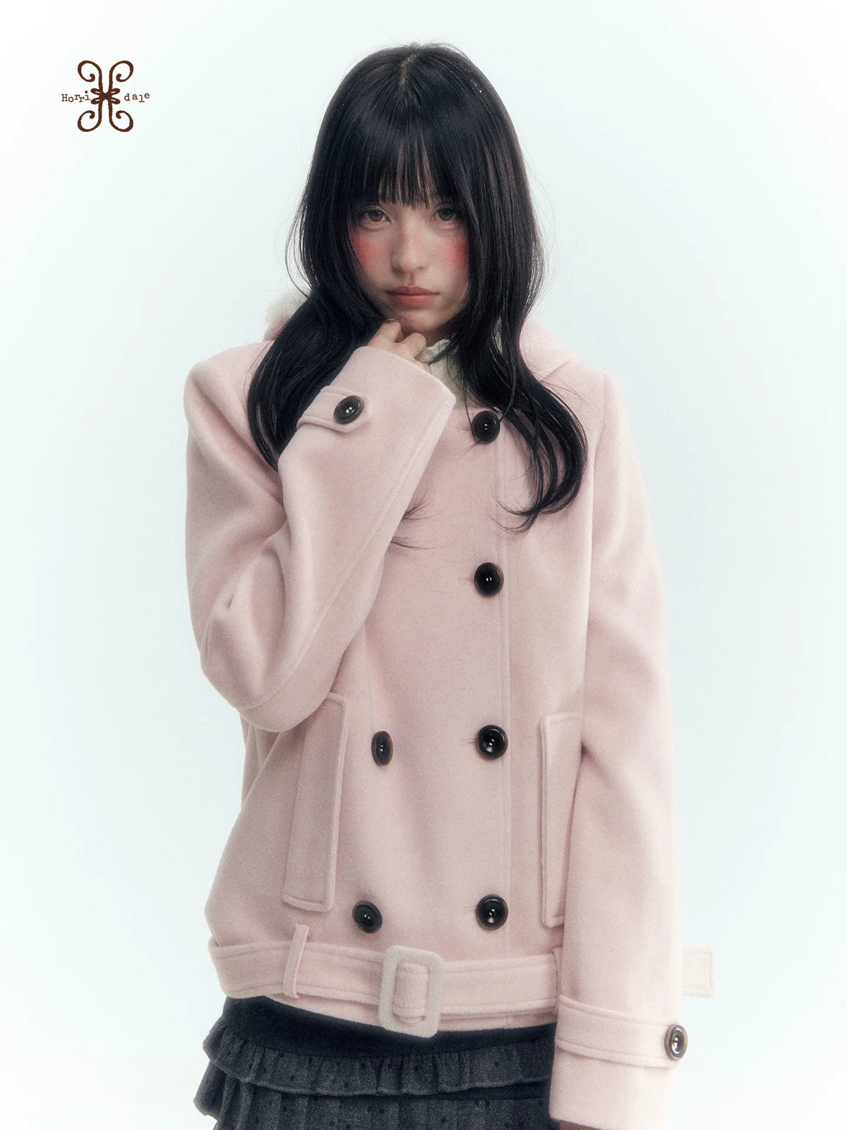 Horridale - Light Pink Double-Breasted Hooded Wool Blend Coat
