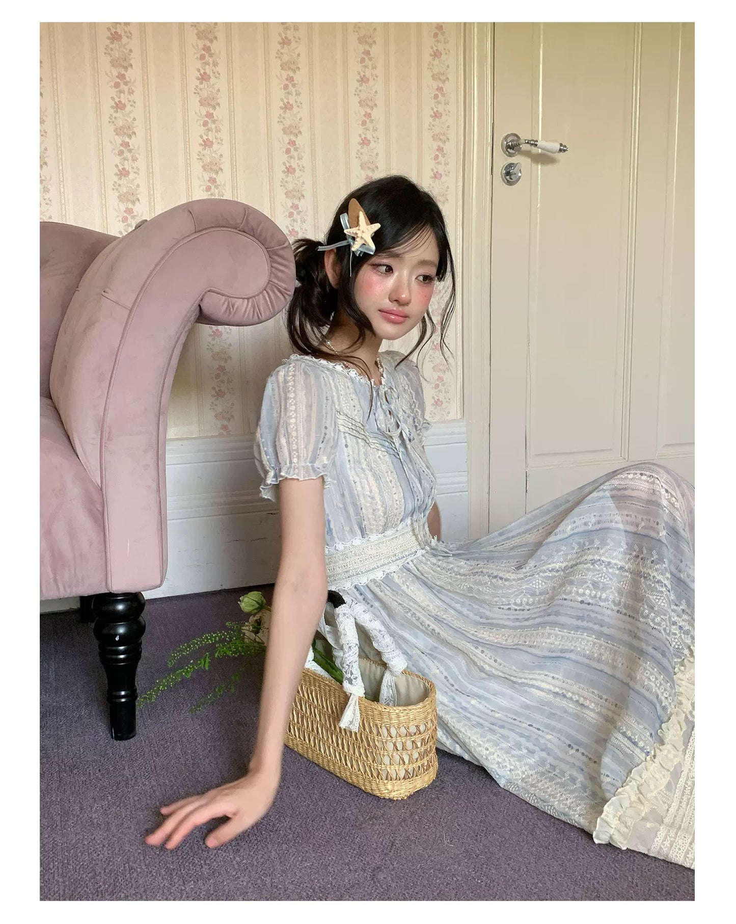 “Forest Dream Weave” Blue Lace Embroidered Maxi Dress