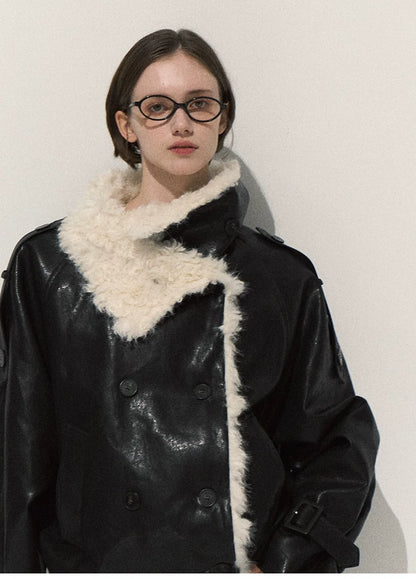 OAKMOO/ Cropped Faux Leather Shearling-Collar Jacket (Rich Black / Hazelnut Khaki)