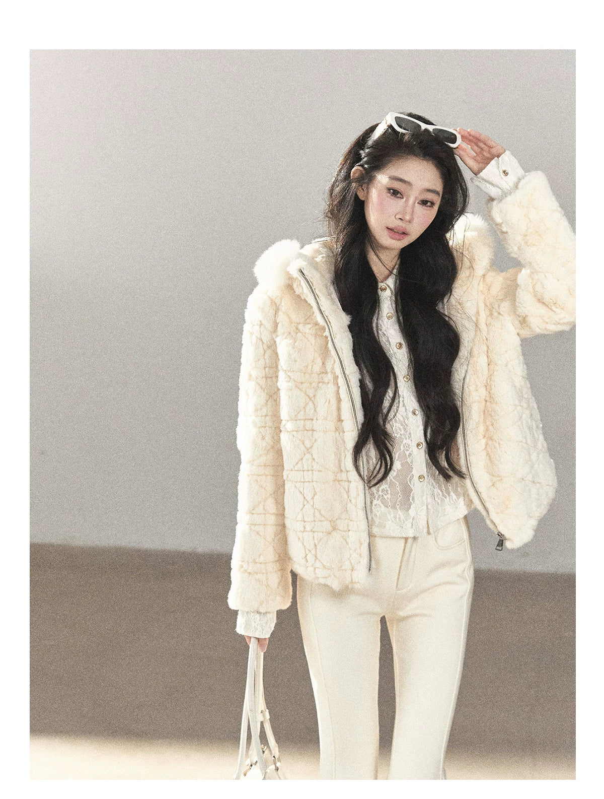 AOMALM - Cloud White Rabbit Fur Cropped Coat