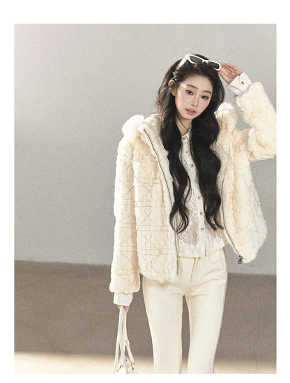 AOMALM - Cloud White Rabbit Fur Cropped Coat