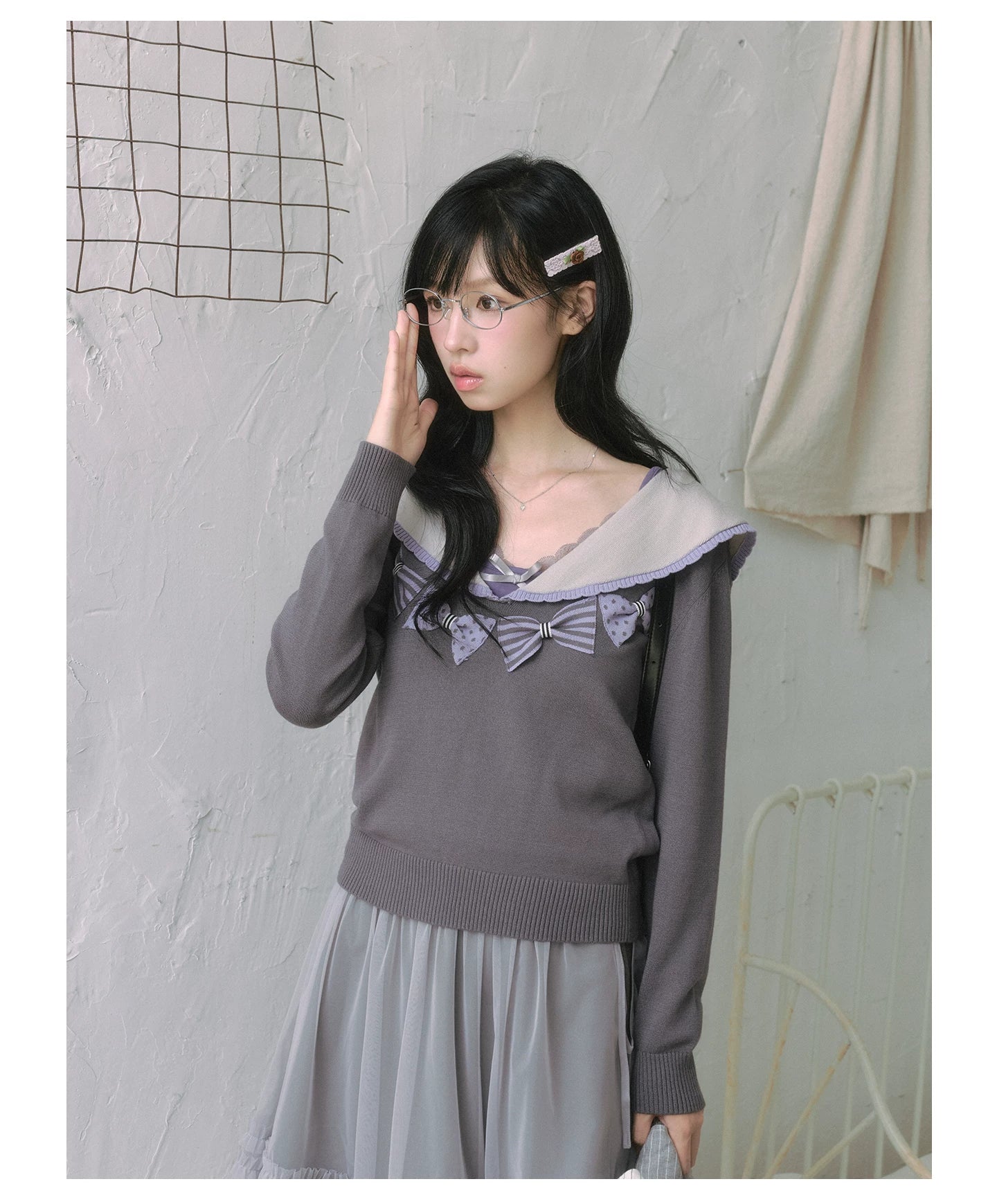 "Sage Whisper" Ethereal Layered Collection (Sailor Knit Sweater / Pleated Midi Skirt / Mesh Overlay Skirt)