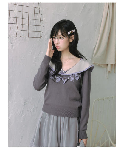"Sage Whisper" Ethereal Layered Collection (Sailor Knit Sweater / Pleated Midi Skirt / Mesh Overlay Skirt)