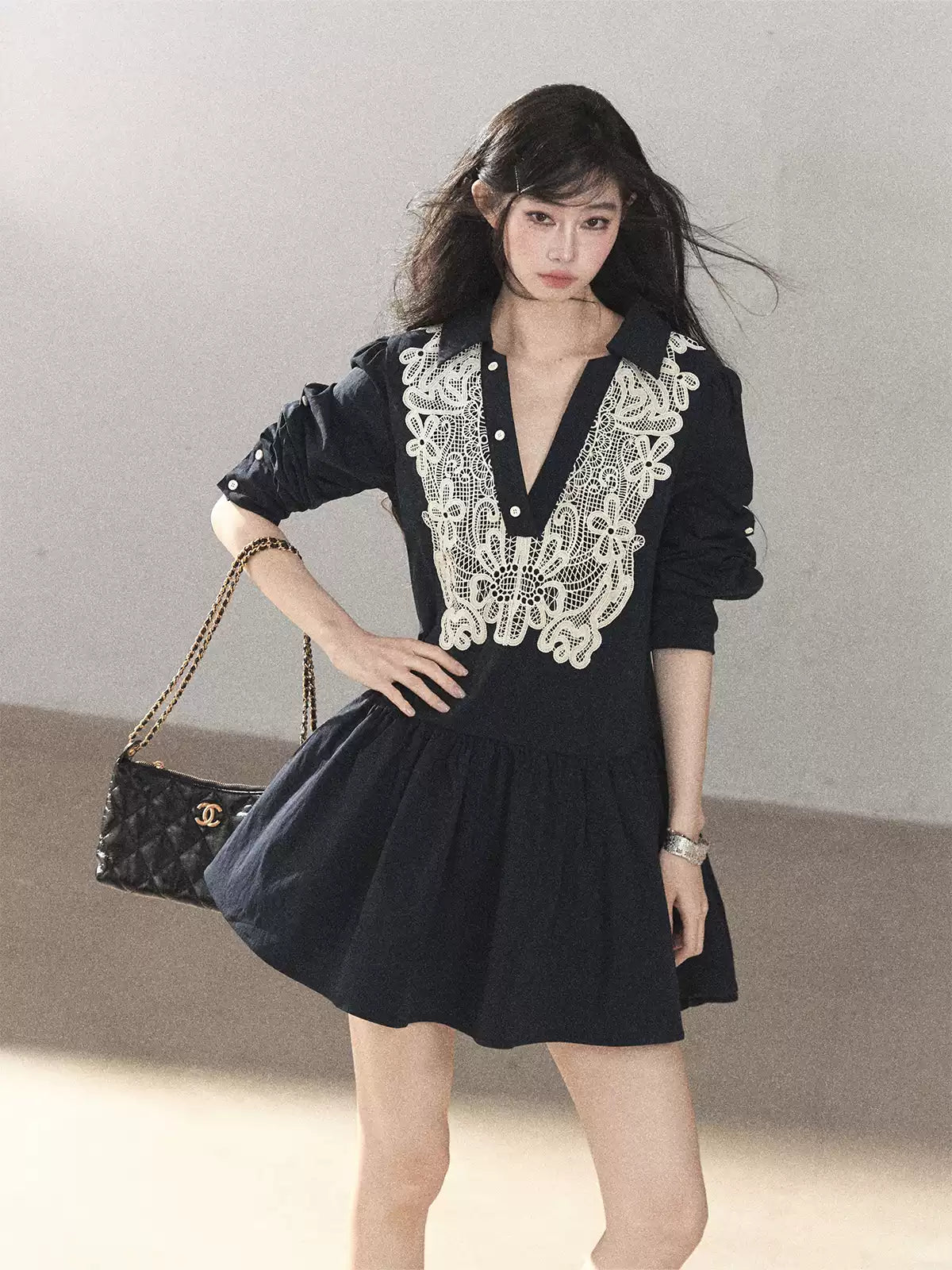 AOMALM - Navy French-Inspired Lace Shirt Mini Dress with Convertible Sleeves