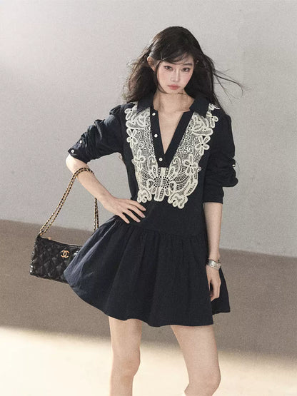 AOMALM - Navy French-Inspired Lace Shirt Mini Dress with Convertible Sleeves