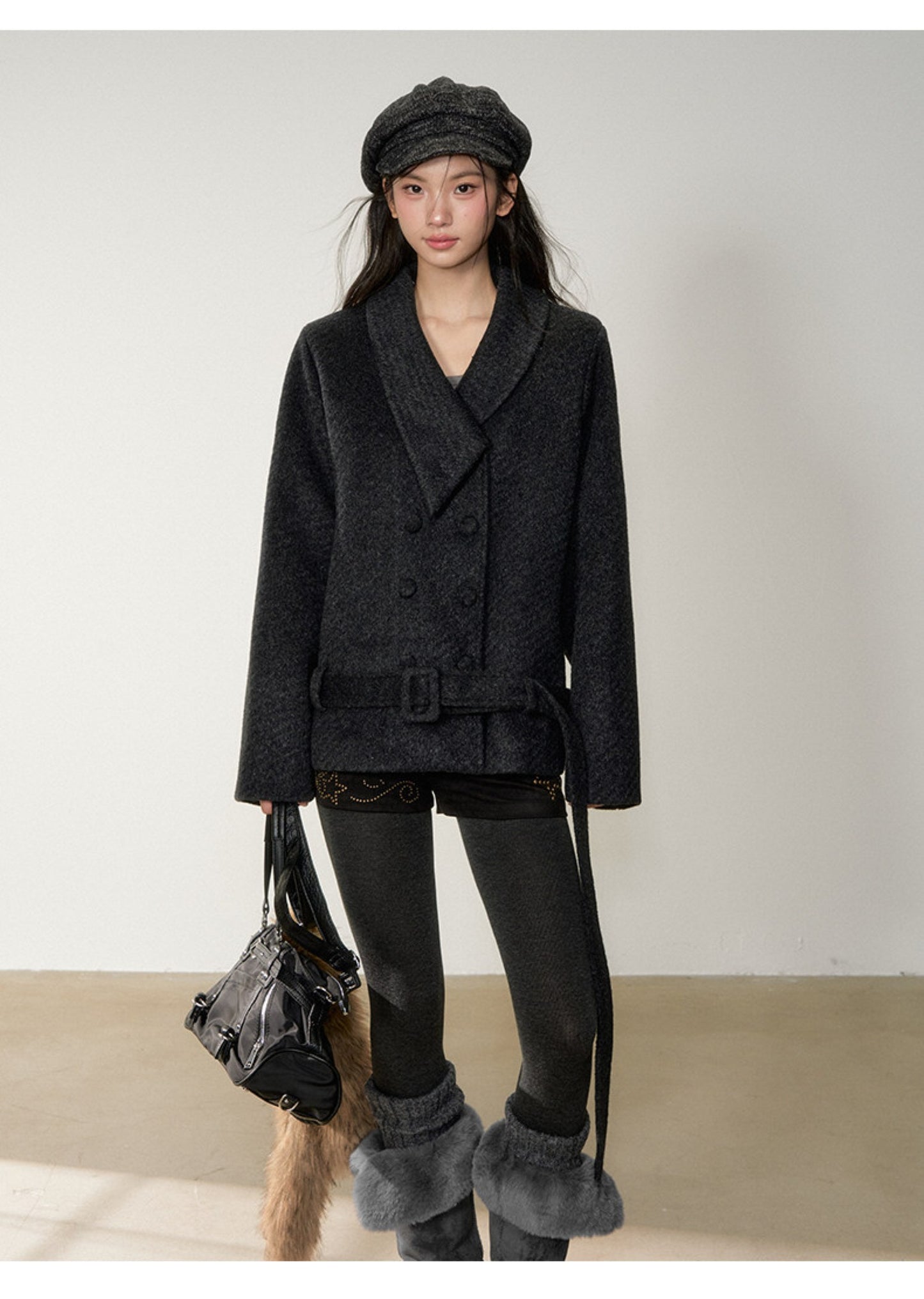 Soote Season - “Retro Twill Grace” Asymmetrical Faux Fur Collar Double-Breasted Wool Coat