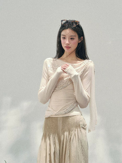 “Frosted Kiss” Milk Apricot Mesh Waist-Cinched Top