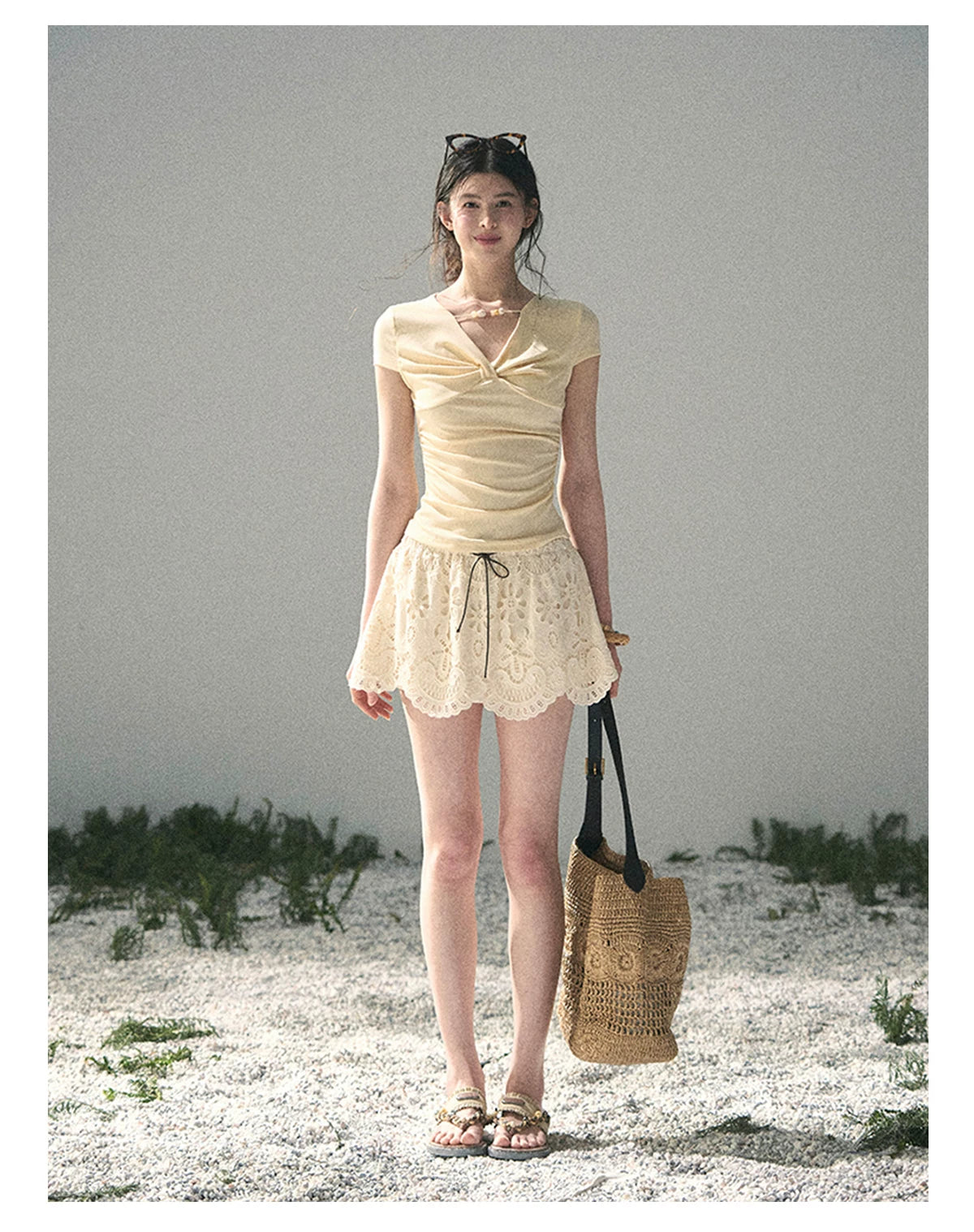 “Sheer Spring Whisper” Milkshake Yellow Twist V-Neck Top