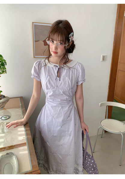 [RF] “Taro Milk Pudding” Purple Plaid Ruffle Midi Dress
