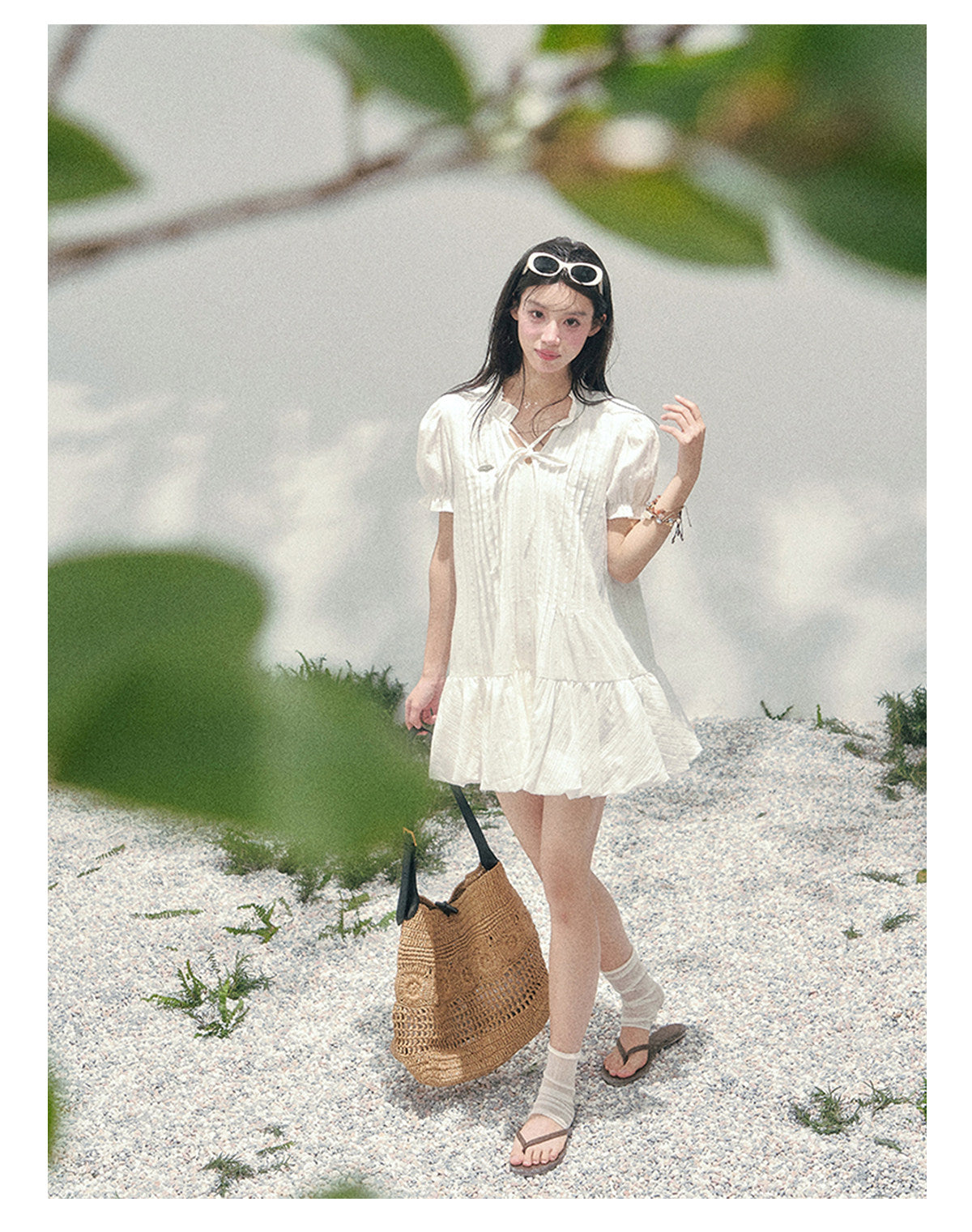 “Soft Pleats in Motion” Camellia White Bubble Mini Dress