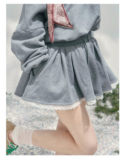 “The Wind Blushes” Lace Trim Off-Shoulder Sweatshirt Dress