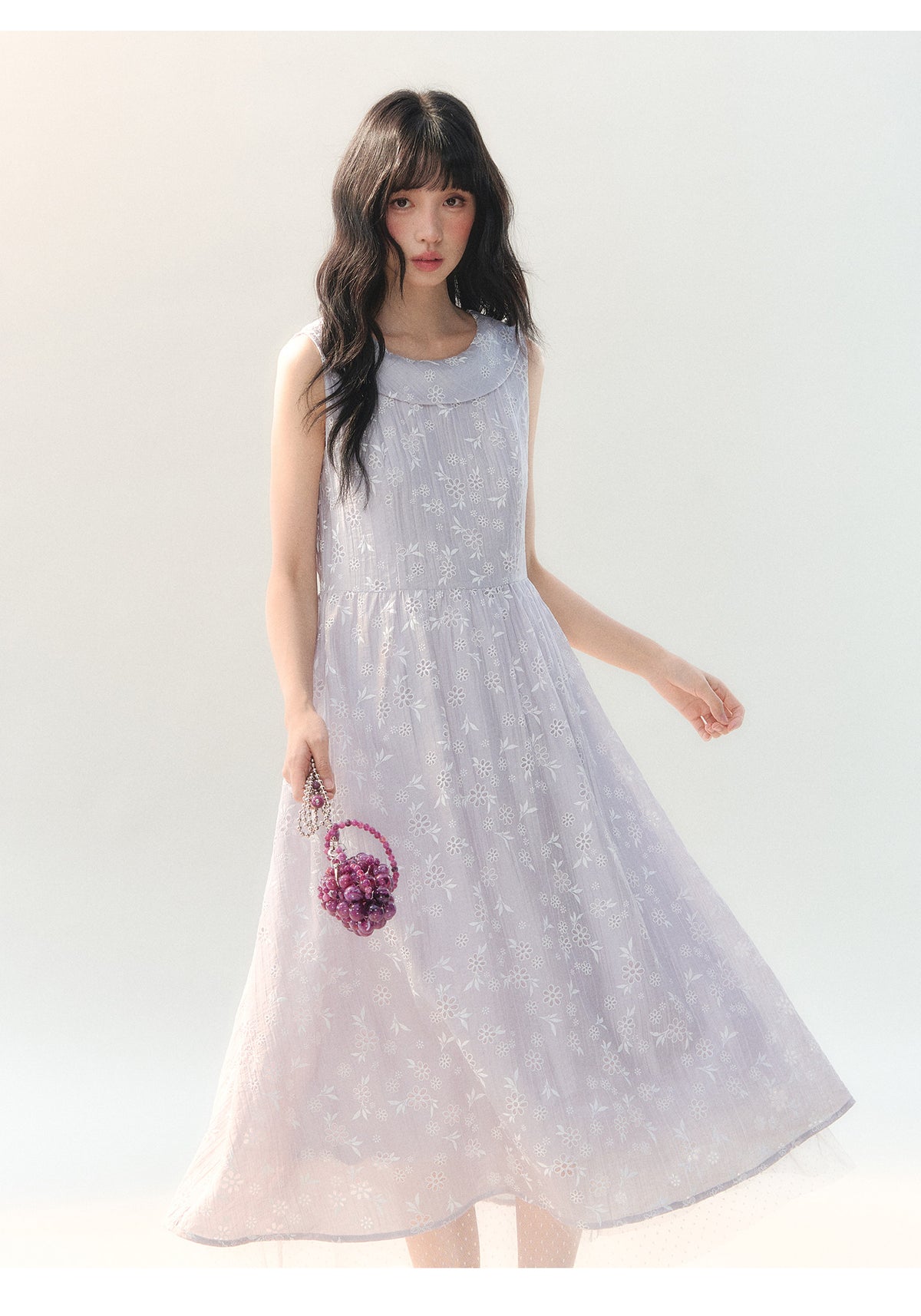 [CAN] "Lavender Bloom Whisper" Purple Floral Cape Tulle Tie-Waist Dress