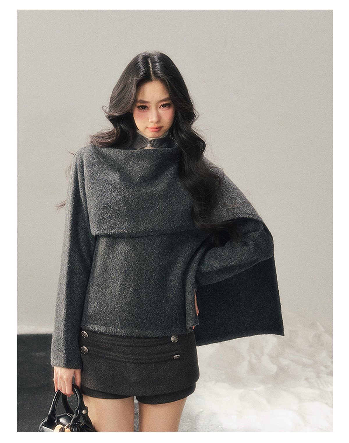 少也眼 "When Clarity Falls" Dusk Gray Layered Shawl Knit Sweater
