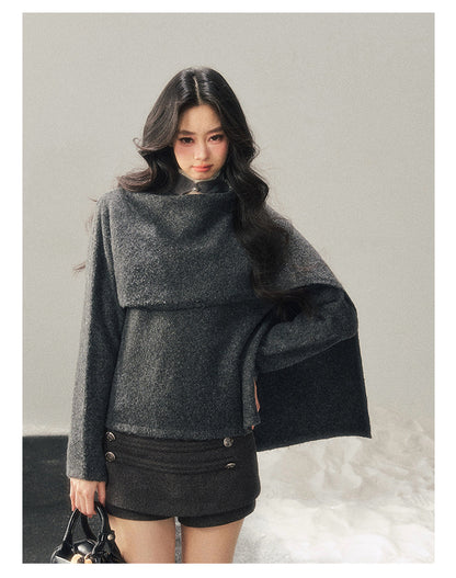少也眼 "When Clarity Falls" Dusk Gray Layered Shawl Knit Sweater