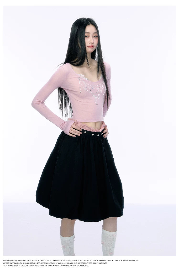 JN's DESIGN - Black Bubble Hem Skirt with Pearl Button Detail