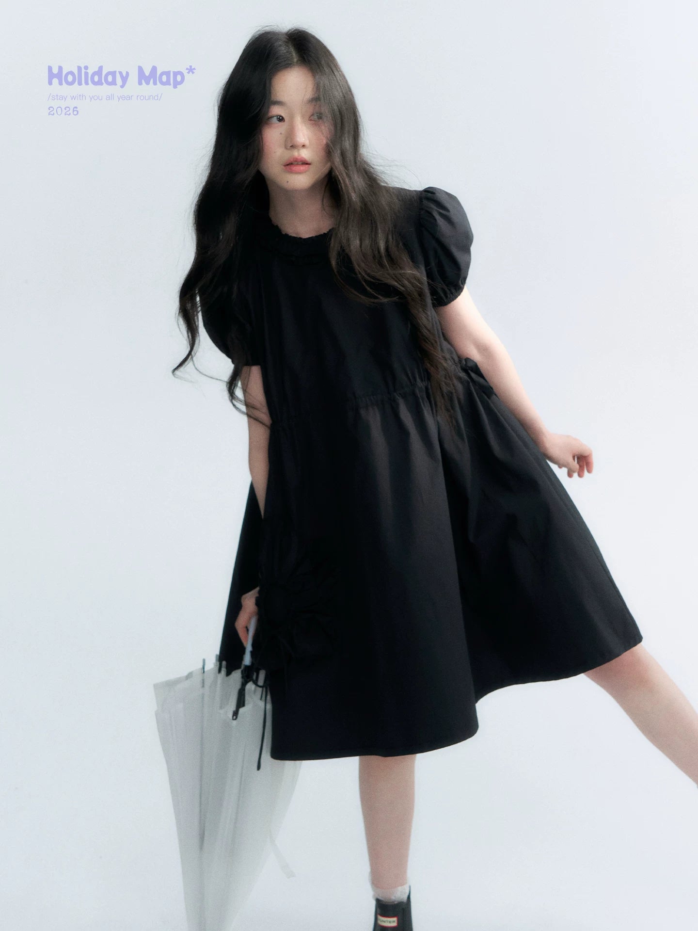 "Puff Doll Dress" Ruffle Trim Puff Sleeve Cotton A-Line Dress (White/ Black)