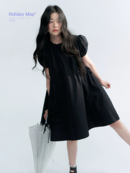 "Puff Doll Dress" Ruffle Trim Puff Sleeve Cotton A-Line Dress (White/ Black)