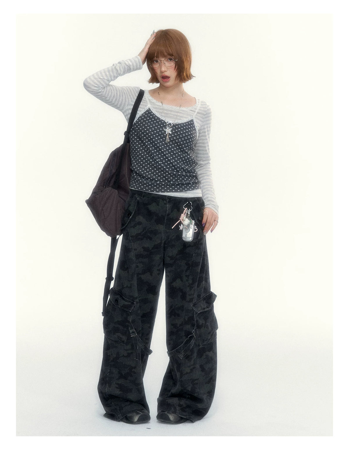 “Early Gray” Light Gray Striped Lace-Trimmed Fitted Long-Sleeve Top
