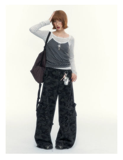 “Early Gray” Light Gray Striped Lace-Trimmed Fitted Long-Sleeve Top