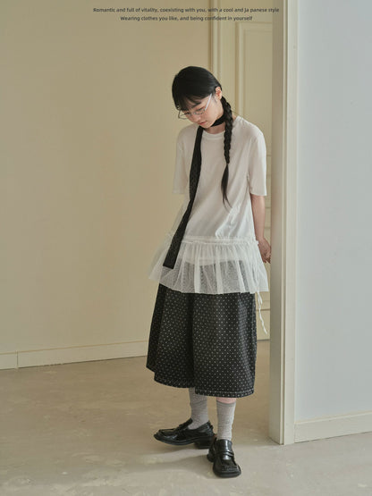 "Dot Veil" Polka Dot Mesh Panel T-Shirt (White / Gray)