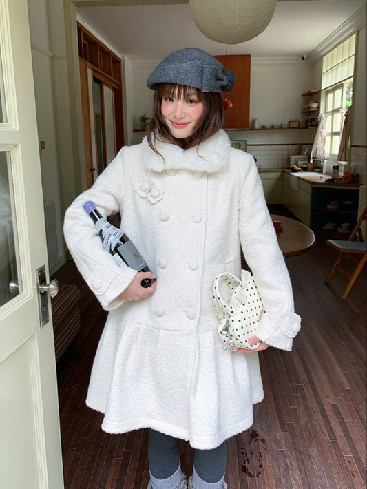 阮阮自制 - Birch Lily Milky White Detachable Fur Wool Coat