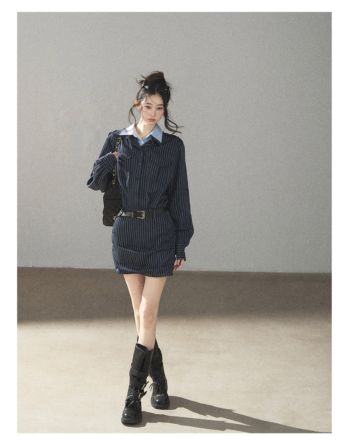 170726 "The Island and the Whale" Deep Slate Gray Layered Stripe Shirt Dress with Belt
