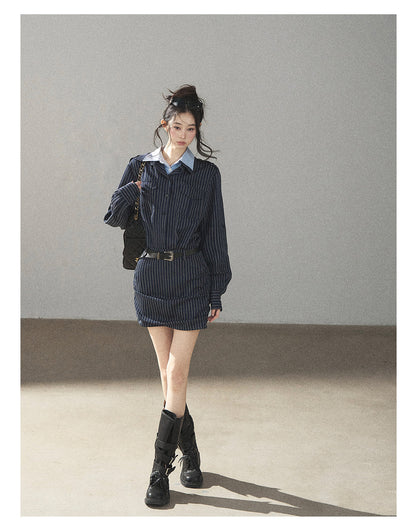 170726 "The Island and the Whale" Deep Slate Gray Layered Stripe Shirt Dress with Belt