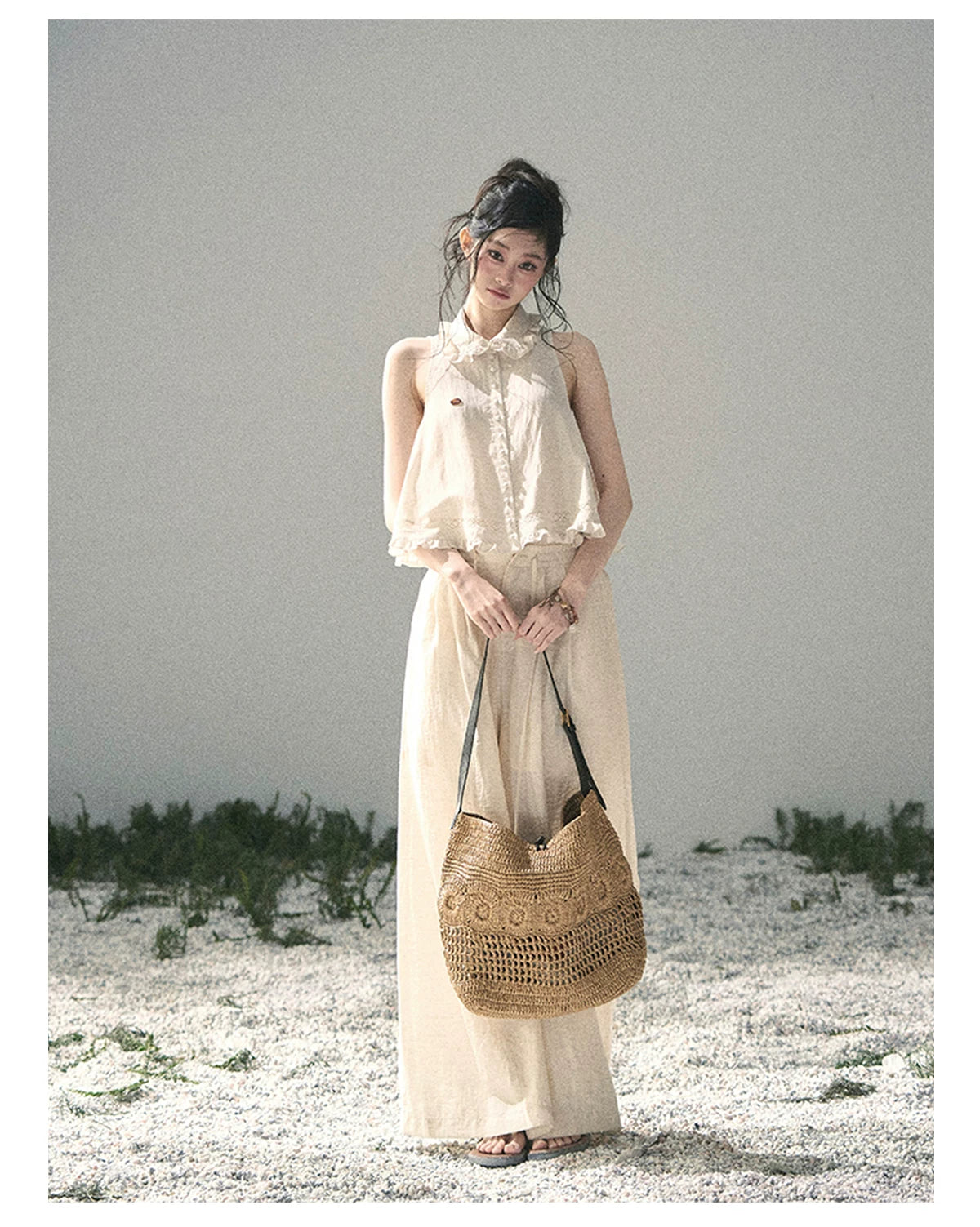 "Soft Cloud Reverie" Dutch Cream Lace Top & Bubble Skirt & Wide-Leg Pants Set 5468465