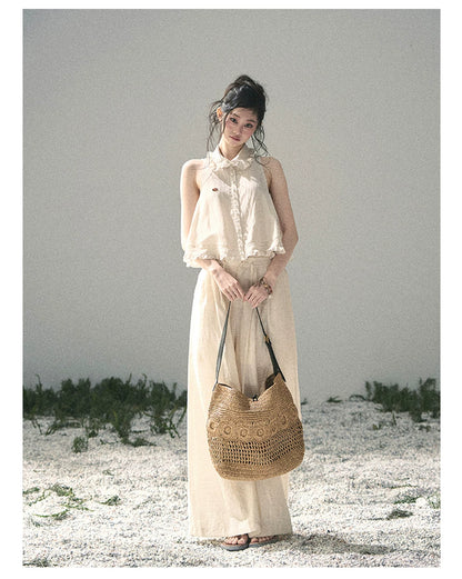 "Soft Cloud Reverie" Dutch Cream Lace Top & Bubble Skirt & Wide-Leg Pants Set 5468465