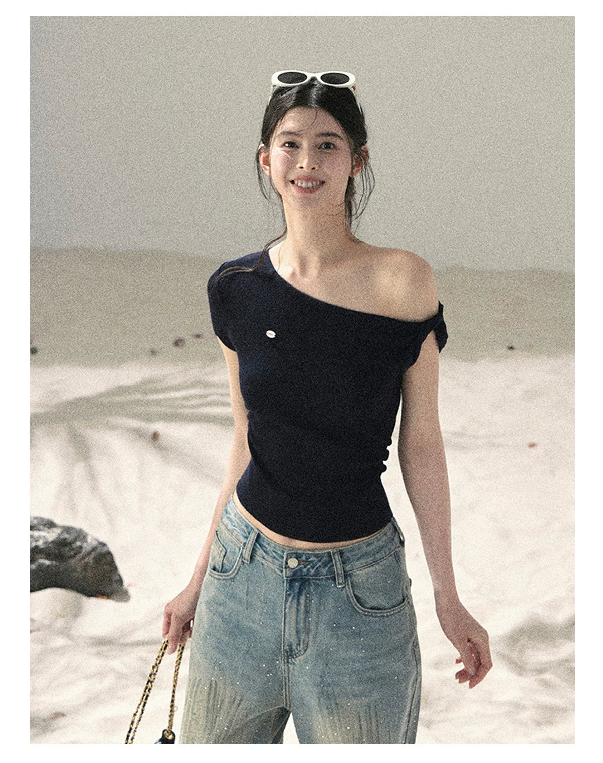 "Shape of the Wind" Navy Blue One-Shoulder Twist Crop Top 6556585