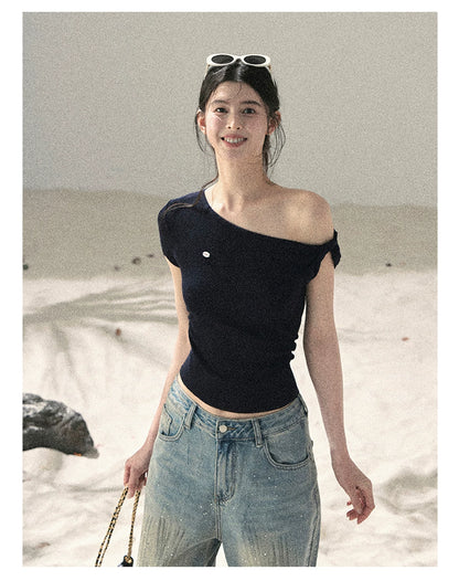 "Shape of the Wind" Navy Blue One-Shoulder Twist Crop Top 6556585
