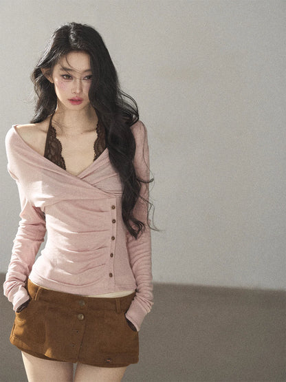 AOMALM - "Rose Garden Daydream" Misty Pink Korean Layered Lace Long-Sleeve Halter Top