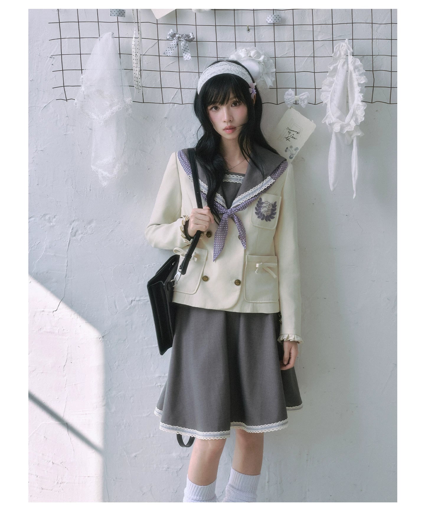 "Showa Era" Layered Uniform Collection (Collarless Blazer / Sailor Blouse / Uniform Skirt / Polka Dot Scarf)