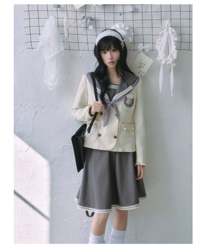 "Showa Era" Layered Uniform Collection (Collarless Blazer / Sailor Blouse / Uniform Skirt / Polka Dot Scarf)