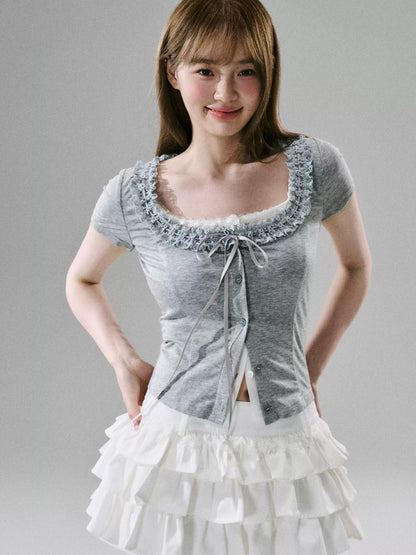 LOST FOREST - Faux-Layered Lace Short-Sleeve Top (Gray White / Black White)