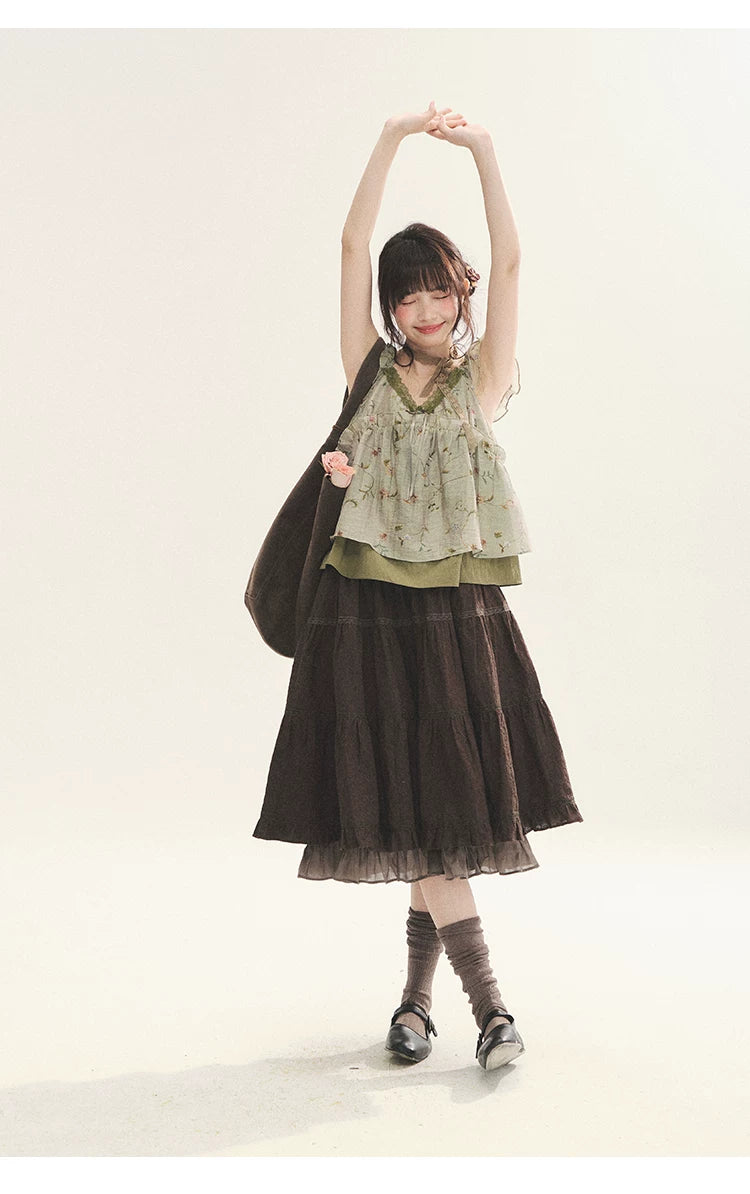 "Faded Bloom" Deep Brown Red Lace Trim Tiered A-Line Skirt