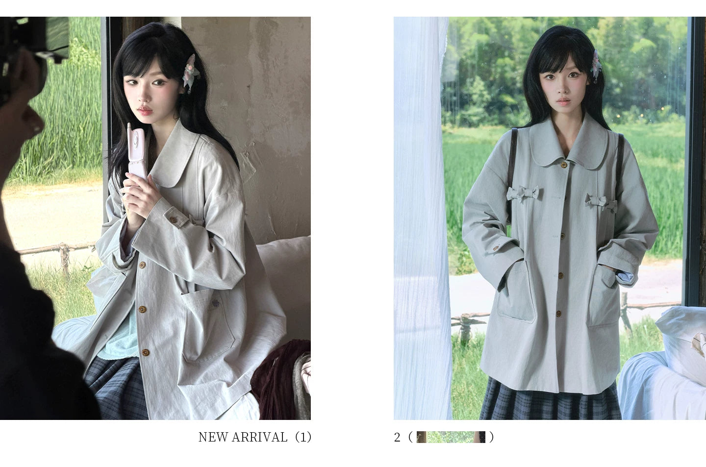 "Sage Whisper" Layered Trench Collection (Round Collar Coat / Knit Top / Polka Dot Cami / Plaid Skirt)